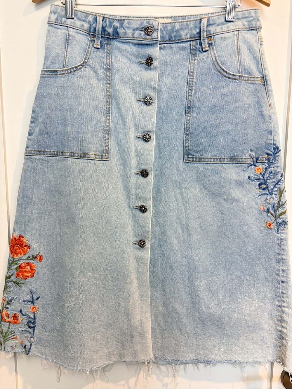 Driftwood Floral Embroidered Button Front Denim Midi Skirt 30